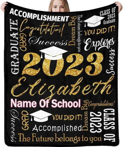 Miniatura 11 de Decoraciones de graduación 2023, manta de regalo para ella, él, felicitaciones 2023, azul oscuro, manta de graduado con nombre personalizado, No.11