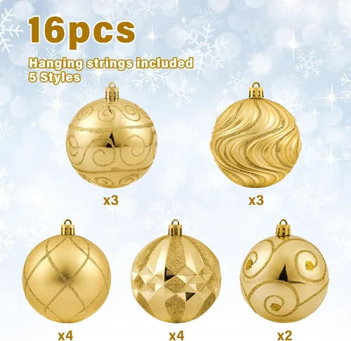 Miniatura 2 de Juego de adornos de bola de Navidad dorados de 3.15 pulgadas, 16 piezas de adornos dorados para árbol de Navidad, bolas colgantes grandes