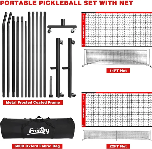 Miniatura 8 de Fostoy Portable Pickleball Net Set with Wheels, Regulation Size 22 FT & Half Court 11 FT, Steady Metal Frame Pickle Ball Net Set System with Carry