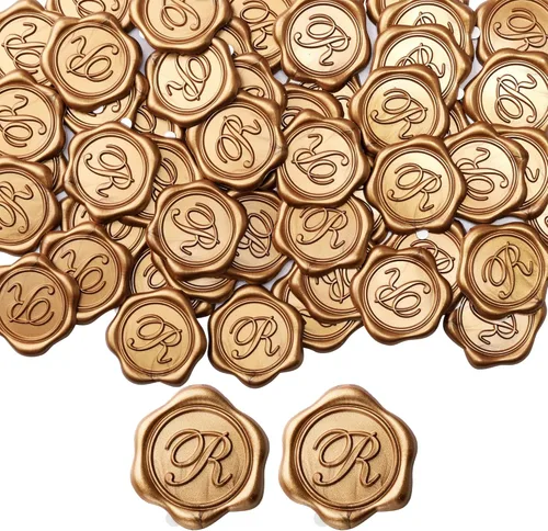 Miniatura 25 de Yoption - Pegatinas de sello de cera con letra inicial del alfabeto L, paquete de 100 unidades, autoadhesivas, estilo antiguo dorado, para sobres