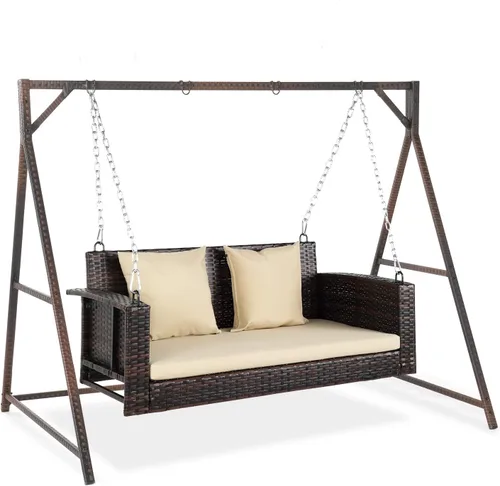Miniatura 8 de VINGLI Columpio de mimbre para porche al aire libre con soporte, juego de ratán resistente de 800 libras con cojines, 4 pies para patio, jardín