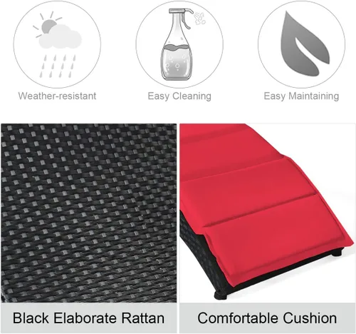 Miniatura 9 de COSTWAY Sillón plegable de ratán para exteriores, tumbona de mimbre para patio con cojín suave, soporte ergonómico con forma para tomar el sol, Rojo