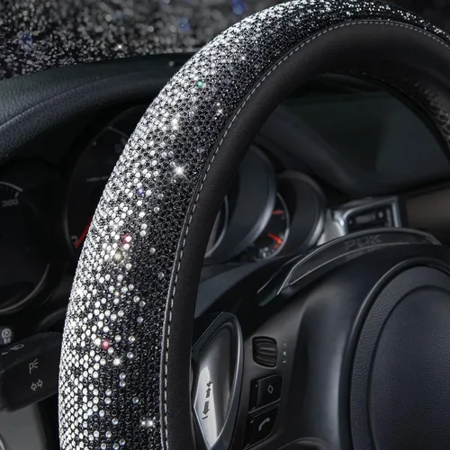 Miniatura 3 de CAR PASS Funda de Volante de Cuero con Diamantes Brillantes, Cristales Brillantes Resplandecientes con Pedrería Universal de 14" 1/2-15" pulgadas