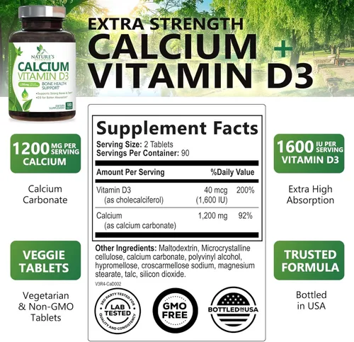 Miniatura 2 de Suplemento de calcio con vitamina D3-1200 mg de calcio por porción con D3 para una mejor absorción - Apoya la salud inmunológica, huesos y dientes