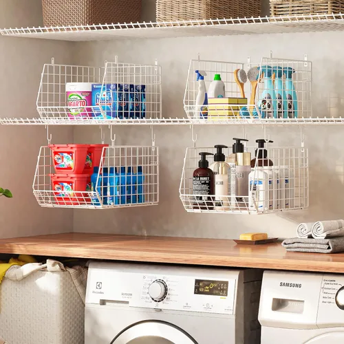 Miniatura 6 de Organizador de armario colgante plegable extra profundo de 4", estantes pequeños de alambre para gabinete y almacenamiento con 5 ganchos en S, Blanco