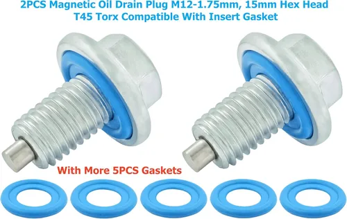 Miniatura 2 de 2 tapones magnéticos de drenaje de aceite M12-1.75, cabeza hexagonal de 0.591 in T45 Torx compatible con junta de inserción, más 5 juntas, apto