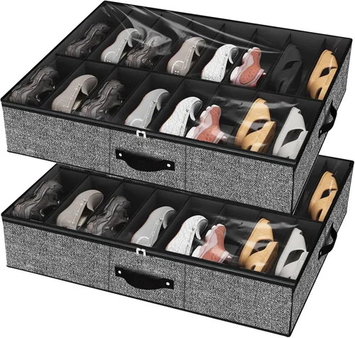 Miniatura 14 de homyfort Organizador de zapatos debajo de la cama, para 12 pares y 4 pares de botas, materiales resistentes y transpirables, solución de 2 Zapatos