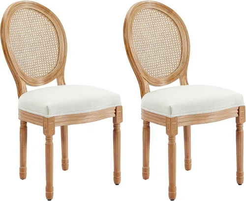 Miniatura 32 de Juego de 2 sillas de comedor francesas con respaldo redondo, sillas de comedor tapizadas de mediados de siglo con patas de madera maciza para Beige