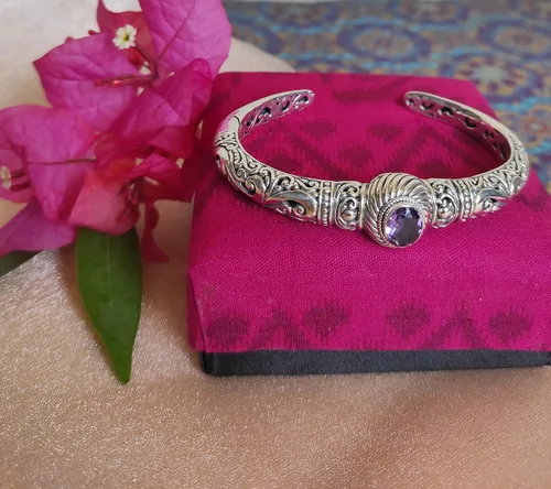 Miniatura 2 de Pulsera de plata de ley étnica de Bali con piedra de amatista B1, Plata de ley Plata, Amatista