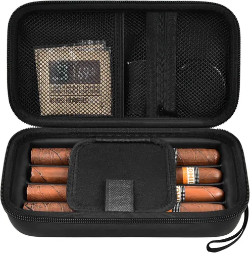 Estuche para puros, caja de 4 dedos para humidores, con humidificador. Soporte de viaje para cortador de puros, encendedor, juego de paquetes de