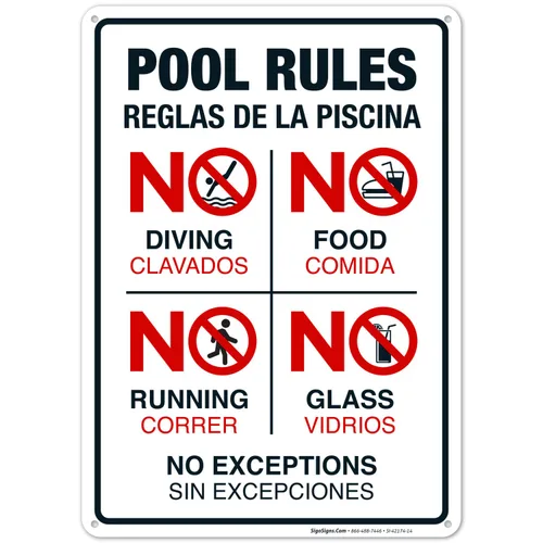 Letrero bilingüe de reglas de la piscina, No Diving No Running No Food No Glass, 10 x 14 pulgadas, libre de óxido, aluminio 040, resistente a la