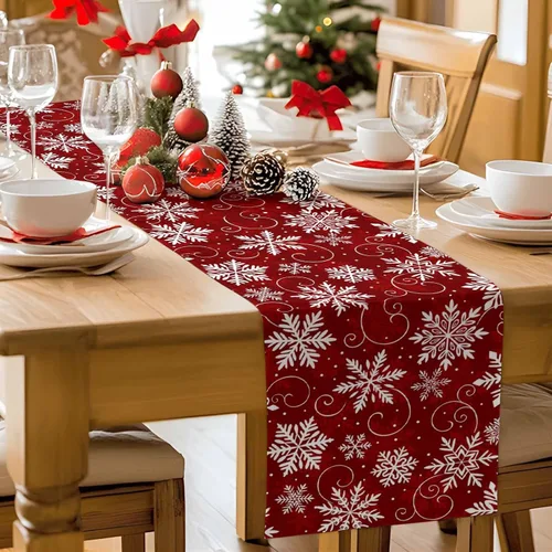 Miniatura 7 de Camino de mesa de copos de nieve rojos de 36 pulgadas de largo para decoración de mesa de comedor, camino de mesa de lino de algodón lavable, camino