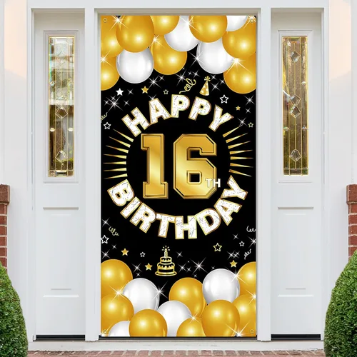 Decoraciones de feliz cumpleaños número 16 para niños y niñas, pancarta de tela para cumpleaños de 16 años, suministros de fiesta de dieciséis años,