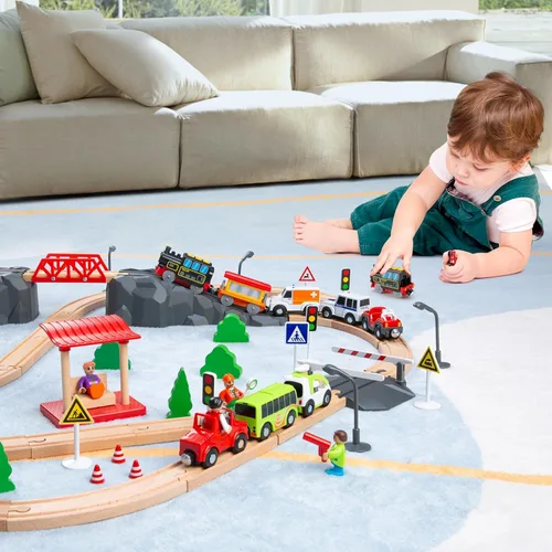 Miniatura 7 de Juego de tren de locomotora a pilas para vías de tren de madera, juguetes de tren eléctrico para niños pequeños, conexión magnética, potente juego
