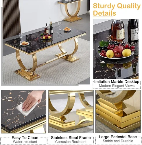 Miniatura 4 de Juego de mesa de comedor de mármol de 5 piezas para 4, mesa de cocina de lujo de 68 pulgadas de mármol negro dorado con 4 sillas tapizadas