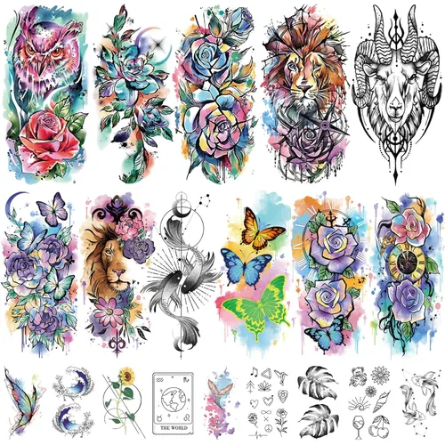 Miniatura 11 de 52 piezas de tatuajes temporales para niños de brazo completo con castillo, mariposa, gato, camión, dinosaurio, cohete, planeta, lindo animal
