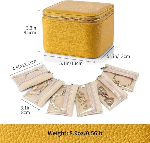 Miniatura 8 de Vlando Joyero de viaje, pequeña bolsa de joyería con 6 bolsillos de terciopelo con cremallera, organizador de joyería de piel sintética para mujeres