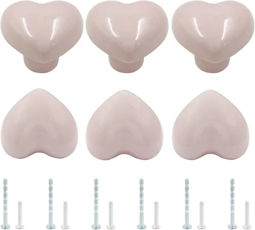 Paquete de 6 pomos de cerámica rosa para gabinetes, pomos de cajón en forma de corazón para armarios de cocina y aparadores, manijas decorativas