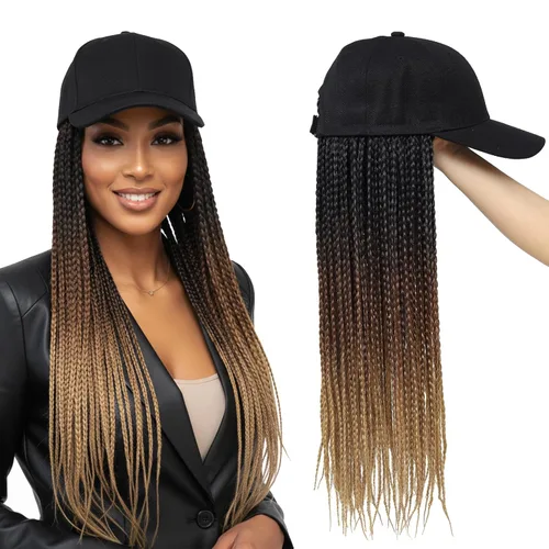 Miniatura 10 de Gorra con peluca para mujeres con gorra de béisbol y cabello trenzado adjunto, peluca de trenzas negras sintéticas, gorra ajustable con trenzas