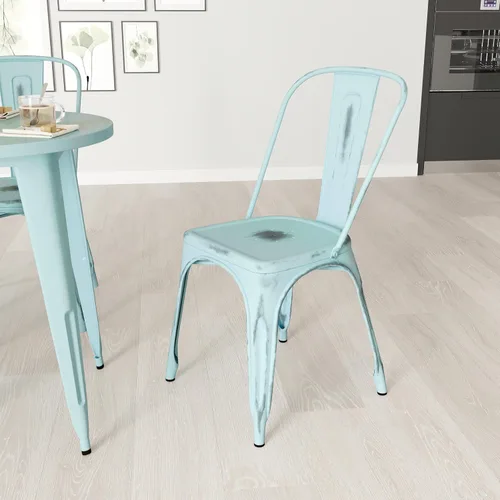 Miniatura 14 de Merrick Lane Banks - Silla apilable de comedor, marco de metal azul antiguo, acabado con recubrimiento en polvo envejecido, respaldo de listones