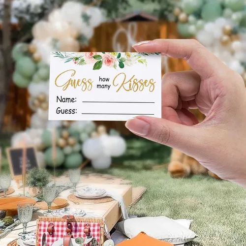 Miniatura 4 de Juego de despedida de soltera How Many Kisses, flores rosas en acuarela, adivina cuántos besos para el pronto será señora, fiesta de tribu nupcial