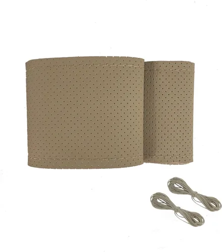 Miniatura 2 de Onerbuy Funda universal de piel para volante de auto con costura envolvente DIY transpirable y antideslizante, 15 pulgadas (beige)