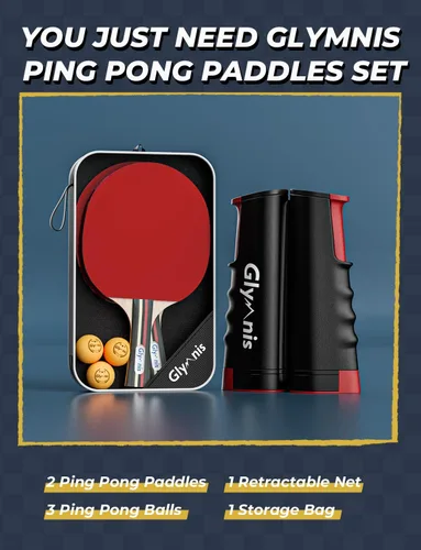 Miniatura 8 de Glymnis Juego de palas de ping pong, pelotas de ping pong con red retráctil,Raquetas de tenis de mesa con bolsa de transporte, accesorios