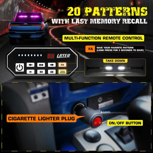 Miniatura 5 de Barra de luces estroboscópicas de advertencia intermitentes de emergencia de 2 x 17.7 pulgadas con controlador de pantalla digital, 20 patrones