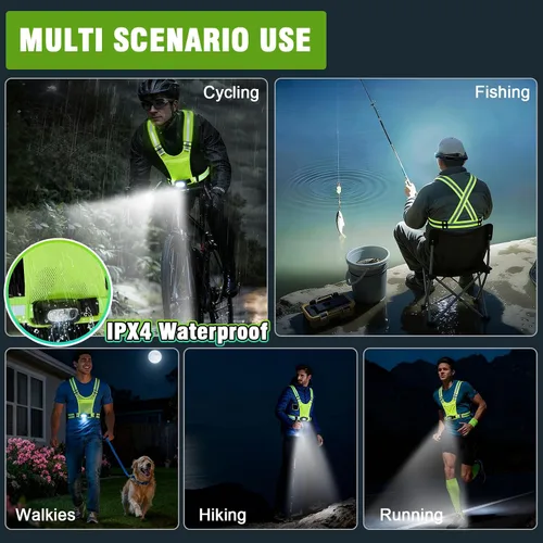 Miniatura 6 de Luces de correr para corredores, chaleco reflectante con sensor de movimiento de 3 modos, luces con inclinación ajustable de 45°, chaleco