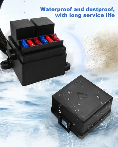 Miniatura 6 de Caja de relés de fusibles impermeable universal con diseño precableado, 2 ranuras de relé y 6 portafusibles ATC/ATO, 2 relés de 4 pines 80A y 6