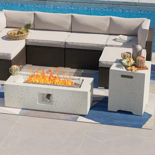 Miniatura 6 de SUNBURY Mesa de fuego de propano para exteriores de 42 pulgadas, mesa rectangular con tanque de 40,000 BTU, mesa de gas blanca manchada para patio