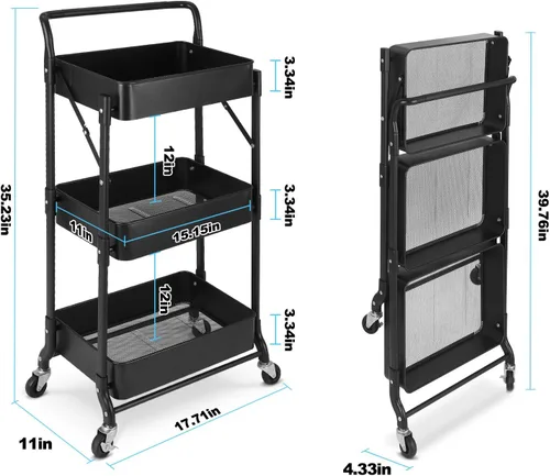 Miniatura 5 de Carrito plegable de metal de 3 niveles, carrito organizador plegable de almacenamiento multifunción para oficina en casa y biblioteca (negro)