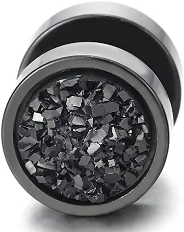 Miniatura 2 de Aretes de tuerca para mujer y hombre, de 0.394 pulgadas, color negro, con purpurina, de acero, falsos tapones para los oídos, dilatadores, Acero