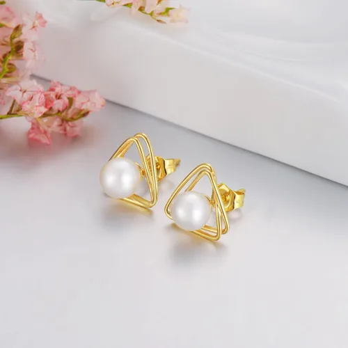 Miniatura 3 de Aretes de perlas de oro real de 14 quilates, aretes de perlas de oro amarillo real de 0.23 pulgadas con parte trasera de presión, aretes de perlas