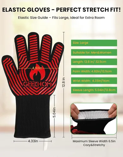 Miniatura 5 de GEEKHOM Guantes de horno ignífugos resistentes al calor: Certificado EN407 para 1472 °F, guantes de silicona flexibles de 13 pulgadas para hornear