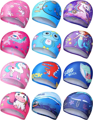 Miniatura 9 de Geyoga 3 piezas de gorras de natación para niños y niñas, gorras de natación para niños de 2 a 12 años, gorro de natación para piscina, gorro de Azul