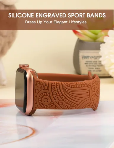 Miniatura 4 de TOYOUTHS Correa deportiva de silicona suave y elegante con estilo bohemio y grabado compatible con Apple Watch Band de 42/44/45/46/49mm para mujeres