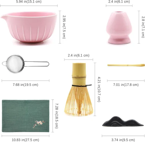 Miniatura 3 de Juego de 7 batidores de matcha – Juego de cerámica con cuenco, batidor, soporte, cuchara de bambú, reposo, tamiz y toalla de té, elegante kit