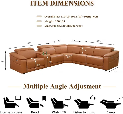 Miniatura 2 de Sofá Seccional Reclinable Eléctrico, Juego de Muebles de Sala en Forma de L, Sofá de Cuero Marrón Claro, Sofá Seccional Reclinable con Consola