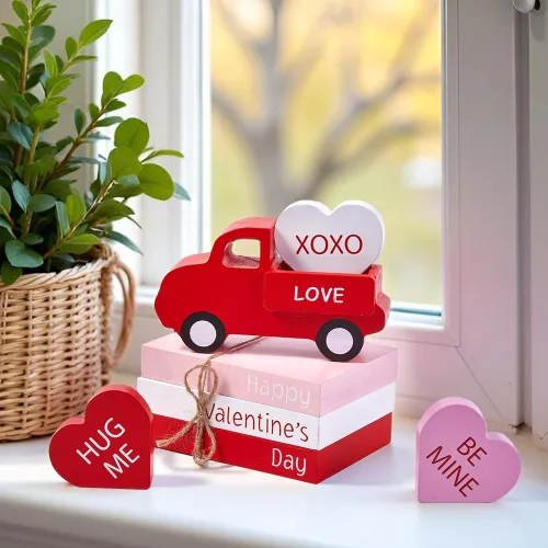 Miniatura 3 de Decoraciones del día de San Valentín, decoración del día de San Valentín, letrero de madera de San Valentín y camión rojo y decoración de 3