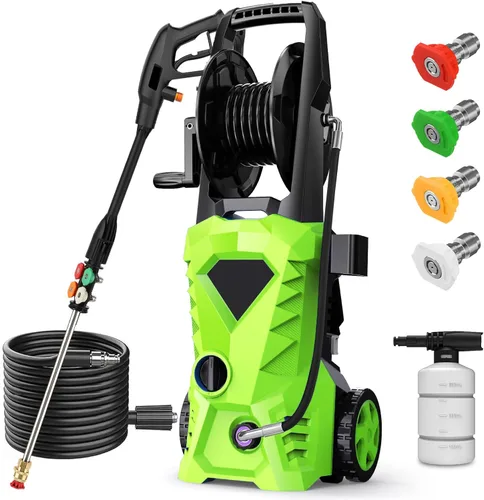 Lavadora a presión eléctrica de 5000 PSI, lavadora eléctrica 2025 con carrete de manguera de lavado a presión mejorado de 33 pies, cañón de espuma,