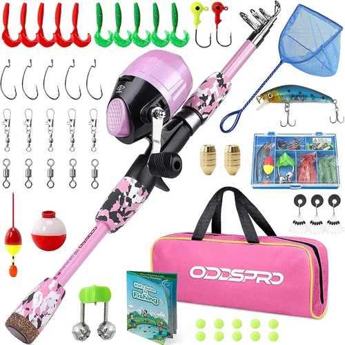 Miniatura 12 de ODDSPRO Caña de pescar para niños, color rosa, kit combinado de caña de pescar telescópica portátil y carrete - con caja de aparejos de pesca