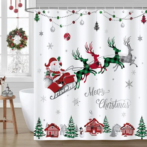 Bonhause Cortina de Ducha Feliz Navidad a Cuadros Rojos y Verdes Papá Noel Trineo Reno Decoración de Baño 72 x 72 Pulgadas Tela de Poliéster