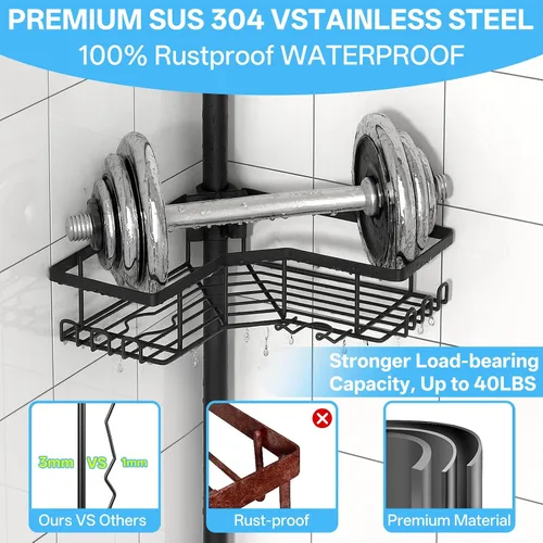 Miniatura 6 de DTUQYX Barra de tensión de esquina para regadera, estante organizador de baño ajustable de 43.5 a 120 pulgadas, estante de almacenamiento para baño