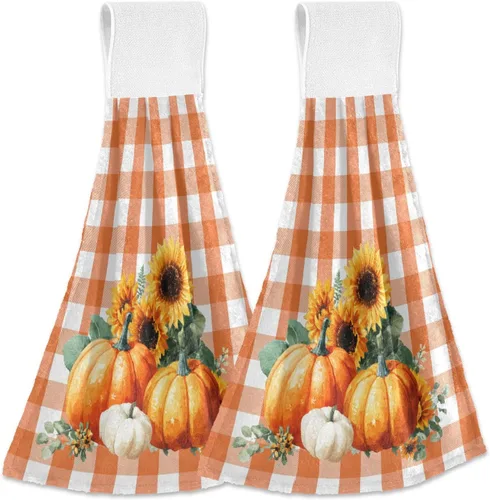 Boccsty Toallas de Cocina Colgantes de Calabaza Otoñal 2 Piezas Cosecha Girasol Naranja Cuadros Buffalo Paños de Cocina con Lazo Toallas de Mano