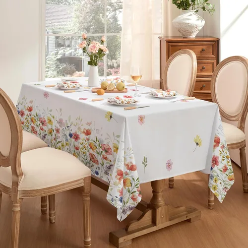Miniatura 2 de Softalker Mantel rectangular de primavera, mantel de Pascua impermeable con flores silvestres, resistente a las manchas, sin arrugas, mantel floral