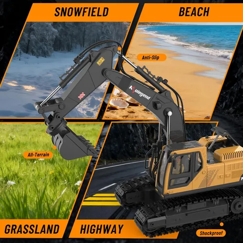 Miniatura 6 de kolegend Juguete de excavadora a control remoto 3 en 1 de 14 canales, juguete de excavadora RC para niños de 3 a 12 años con balde/garra/taladro