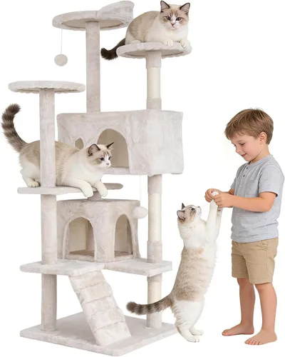 Árbol alto para gatos, torre para gatos de 54 pulgadas, condominio grande para gatos escaladores, soporte de escalada con perchas superiores, casa