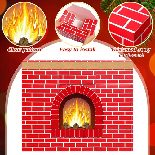Miniatura 3 de Fullhawl 47 chimeneas de cartón de Navidad 3D de 39 x 35 pulgadas, chimenea artificial de Navidad con media llama de fuego, guirnalda de grano