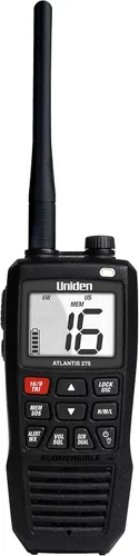 Uniden Atlantis 275 - Radio marina VHF bidireccional de mano, sumergible IPX8 flotante impermeable, pantalla grande de doble color, 6 vatios, todos